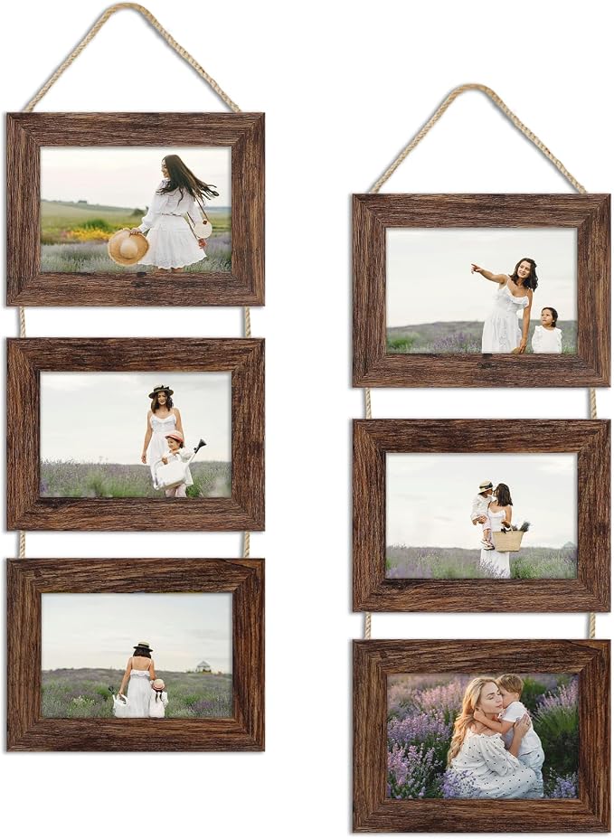 4x6 Collage Picture Frames Set of 2, Rustic Wooden Real Glass Horizontal Hanging 3 Opening 4 by 6 Photo Frame, Brown