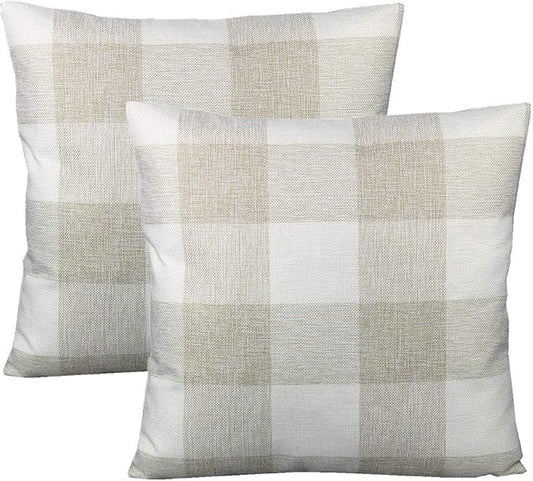 VAKADO Beige Outdoor Farmhouse Buffalo Plaids Decorative Throw Pillow Covers Retro Checked Square Cushion Cases Classic Coffee Check Home Decor for Couch Sofa Patio 22x22 Inch Pack of 2