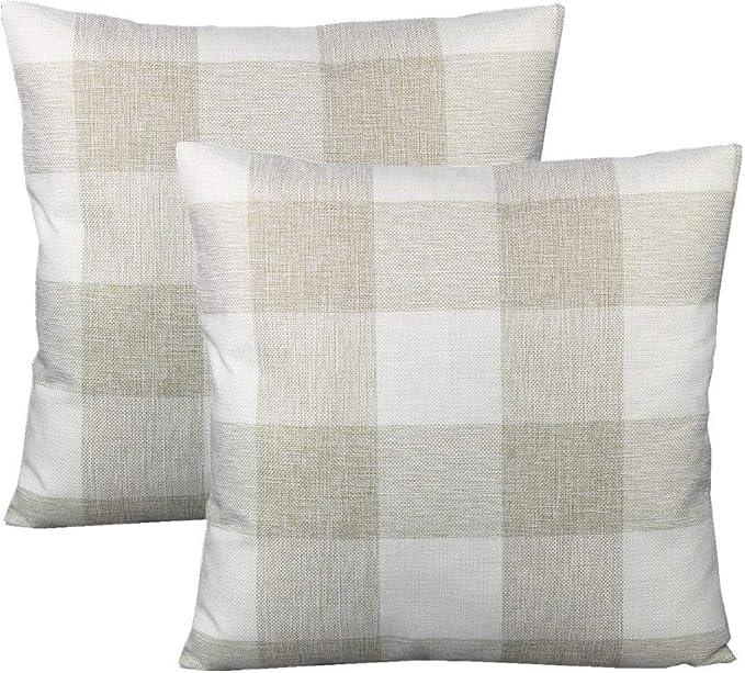 VAKADO Beige Buffalo Plaid Cotton Linen Throw Pillow Covers 20x20 Set of 2 | Beige buffalo check cotton linen, hidden zipper. Farmhouse throw pillow covers for porch. Machine washable.