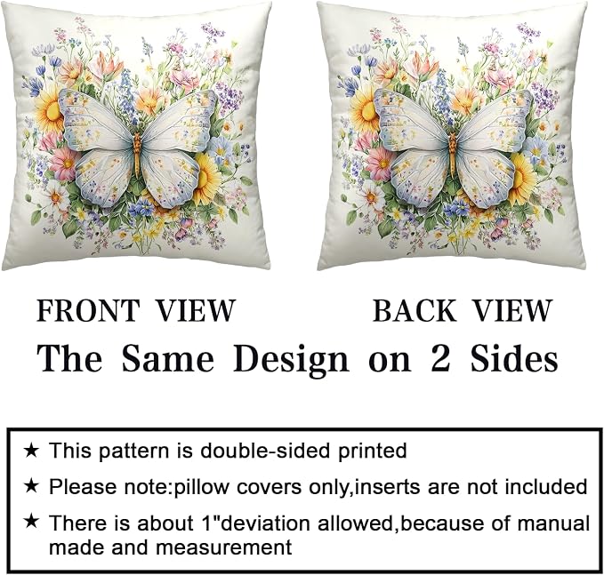 Colorful Butterfly Pillow Covers Spring Summer Floral Throw Pillow Covers Butterfly Sunflower Pillow Cases 20x20 Daisy Farmhouse Decorative Cushion Cases for Home Sofa 2 Pack