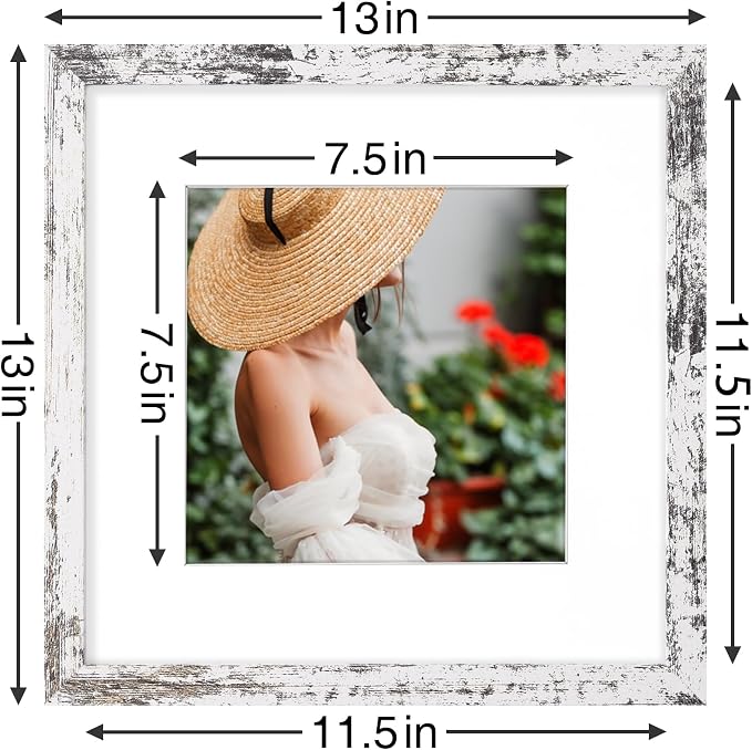Vittanly 12x12 Picture Frames Set of 9 for Wall Mounting, Distressed White | Display Pictures 8x8 with Mat or 12x12 without Mat for Wall Mounting, Square Photo Frames for Home Decor, Engineered Wood