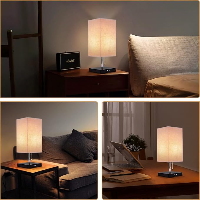 Siljoy Modern Table Lamp with 2 USB Charging Ports, Nightstand Bedside Desk Lamp with Beige Fabric Lampshade, Pull Chain Switch & Black Wooden Base, Ambient Light Beside Lamps for Bedroom, Living Room