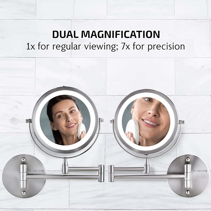 OVENTE 6.8" Lighted Wall Mount Makeup Mirror, 1X & 7X Magnifier, Adjustable Double Sided Round LED, Extend, Retractable & Folding Arm, Compact & Cordless, Battery Powered Polished Chrome MFW70CH1X7X