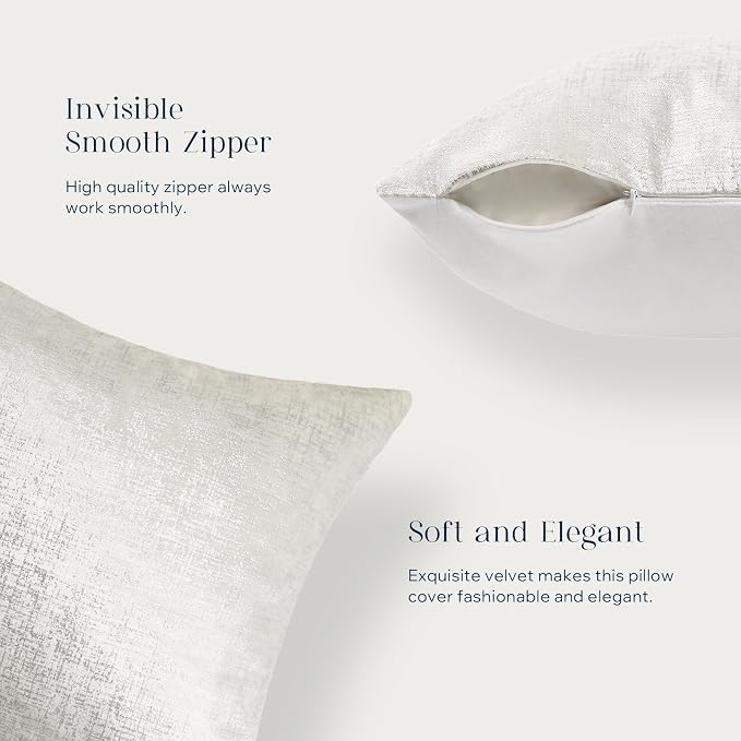 Phantoscope Pack of 2 Sparkling Velvet Decorative, Silver and White Decorative Velvet Pillow Cover, Solid Square Cushion Cover Pillowcase for Couch Bed and Chair, White, 20 x 20 inches, 50 x 50 cm