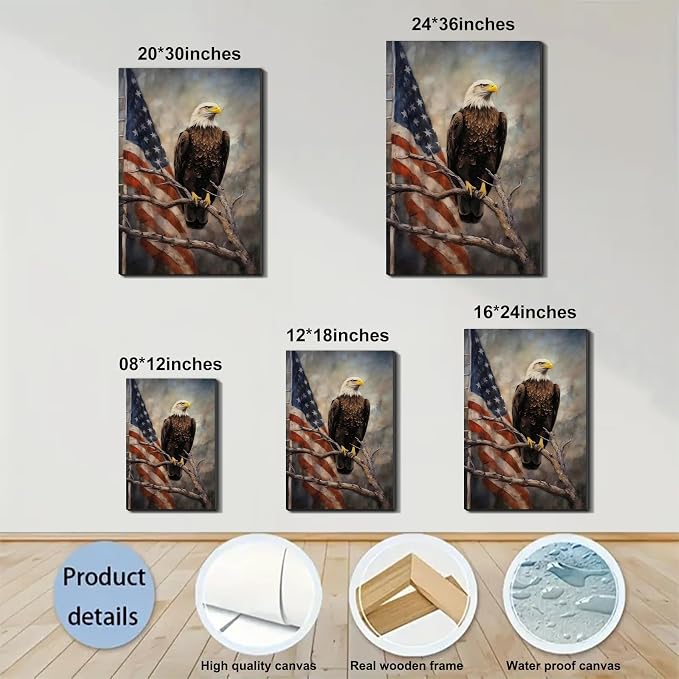 Framed Bald Eagle American Flag Wall Art, Patriotic Rustic Canvas Art Pictures, USA Eagle Wall Decor, Made in USA Ready to Hang for Office Man Cave Living Room