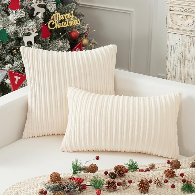 Kevin Textile Striped Corduroy 22”x22” Pillow Covers 2 Pack, Cream White