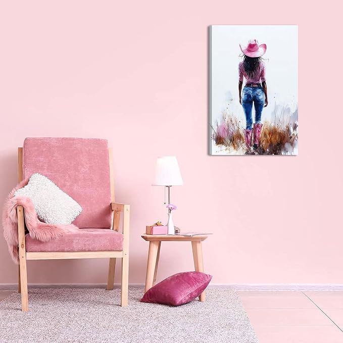 Pink Black Girl Canvas Wall Art Fashion Cowgirl Wall Decor Picture | West African American Girl Wilderness Cowgirl for Print Teen Girls Room Preppy Dormitory Bedroom Artwork Home Decoration