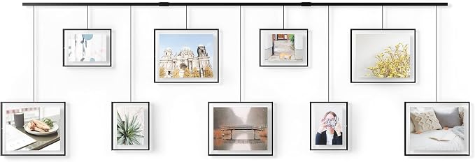 Umbra Exhibit Gallery Picture Frames, Adjustable Wall, Set of 9, Black | Steel, movable hanging rods, holds 8x10 and 5x7 sizes, minimal screw holes, mounting hardware included