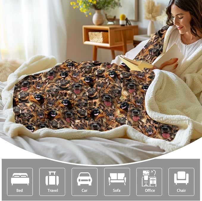 BlessLiving Fuzzy Dogs Blanket for Kids Adults Cute Puppy Fleece Blanket Reversible Animal Pattern Sherpa Throw (German Shepherd Dog,Twin, 60 x 80 Inches)