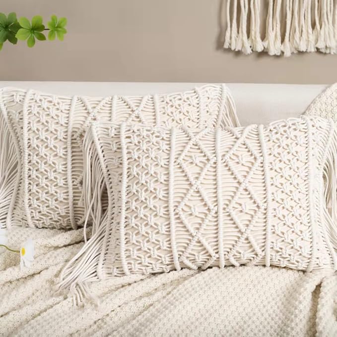 Macrame Lumbar Pillow Cover-Set of 2 with Tassels Rectangualr Cushion Covers Boho Throw Pillow Cover for Couch, Sofa, Bed, Farmhouse, Chair, Dining, Patio, Outdoor, car (B)