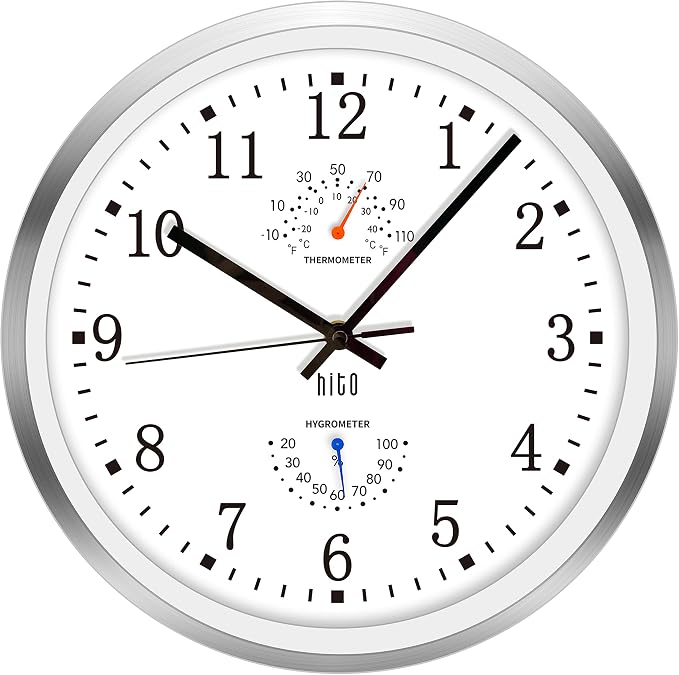 HITO 12 Inch Silent Wall Clock Battery Operated Non Ticking Glass Cover Silver Aluminum Frame, for Living Room Decor, Kitchen, Bedroom, Home Office (12" White)