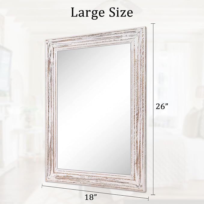 Wall Mirror with Rustic Wood Frame Rectangle Hanging Mirrors for Wall Large Decorative for Bathroom Bedroom Farmhouse Living Room Entryway 26"x18"