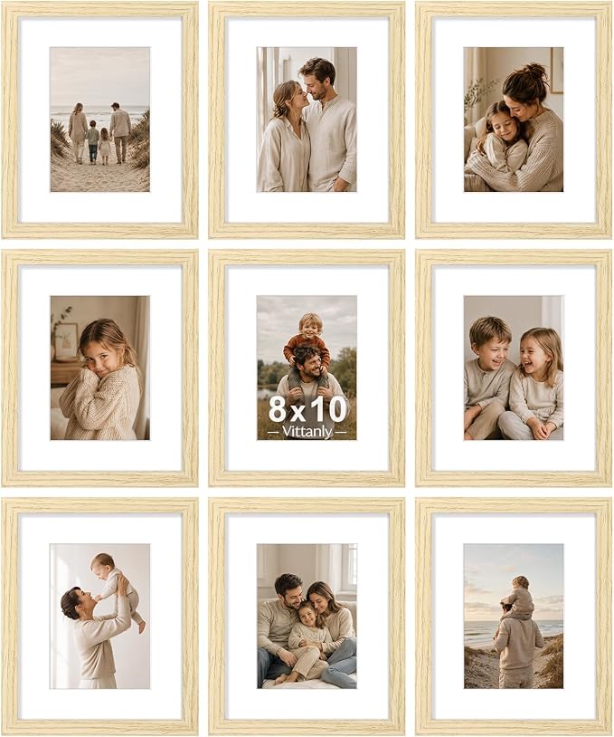 Vittanly 8x10 Picture Frames Set of 9 for Wall or Tabletop Display, OAK | Display Pictures 5x7 with Mat or 8x10 without Mat, Small Photo Frames, Engineered Wood with Shatter Resistant Plexiglass