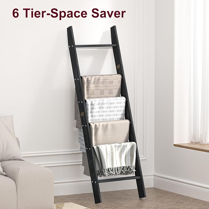 HONEST OUTFITTERS Blanket Ladders for The Living Room, 6-Tier Blanket Holder, Wall-Leaning Blanket Rack, Ladder Shelves, Wooden Quilt Ladder, Farmhouse Decor, Black