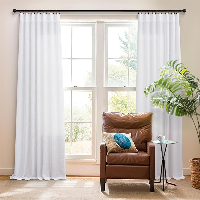 White Linen Curtains 38 Inch Wide for Bedroom 2 Panels Back Tab Rod Pocket Lightweight Flowy Cotton Textured Semi Sheer Boho Farmhouse Curtains for Living Room Classic Vintage Decor Width 38x84 Long