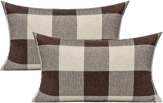 VAKADO 12x20 Inch Set of 2 Buffalo Plaids Decorative Throw Pillow Cases Farmhouse Retro Checkers Lumbar Rectangle Cushion Covers Home Decor for Sofa Couch, Brown/Coffee