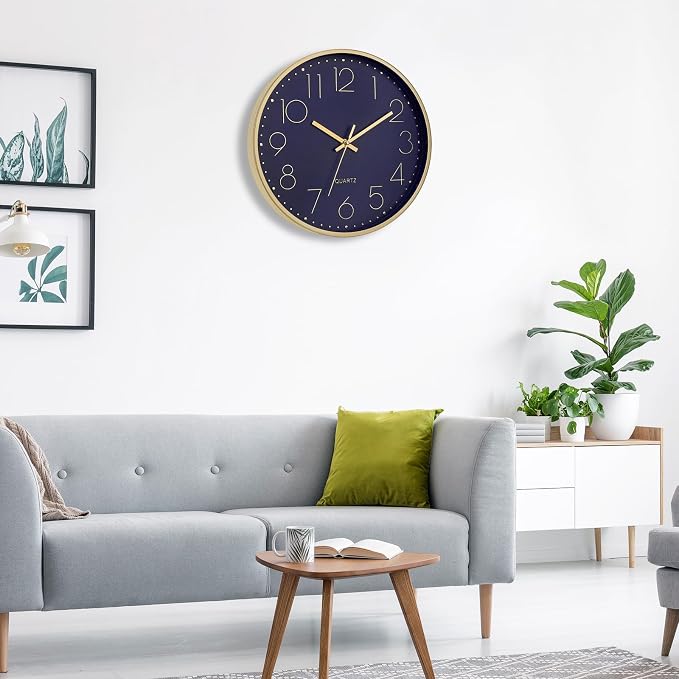 Foxtop 12" Modern Wall Clock Silent Battery Operated Metal Gold Clock | Dark Blue Dial, Non-Ticking, Round, Analog Clock, Quartz, Easy to Read, Living Room, Bedroom, Kitchen, Office