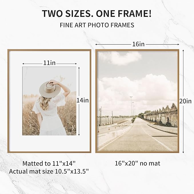 Fun Memories 16x20 Metal Picture Frame with 11x14 Mat, Brushed Aluminum Finish, Tempered Glass Front, and Attached Hanging Hardware(Bronze, Pack of 1)