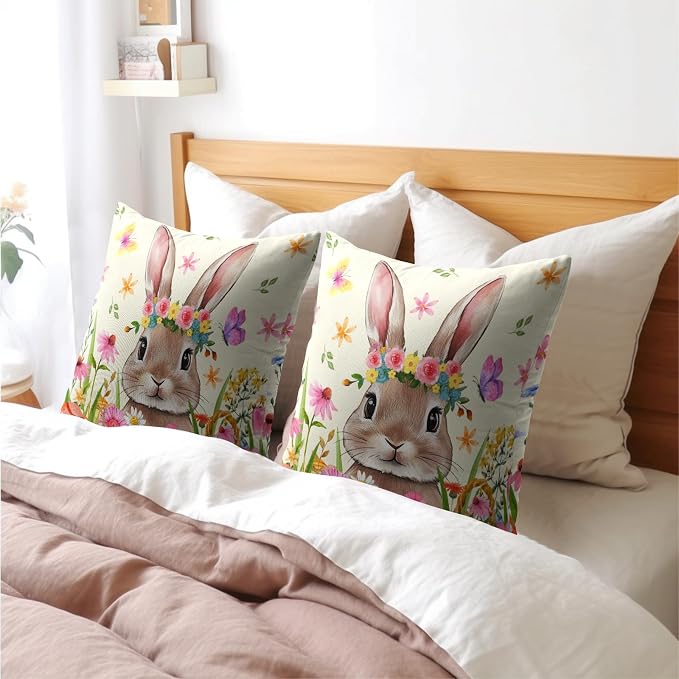 Easter Rabbit Throw Pillow Covers 20x20 Inch Set of 2 Cute Bunny Cotton Linen Square Cushion Case Spring Colorful Floral Easter Theme Decorative Pillowcase for Home Bench Couch Sofa