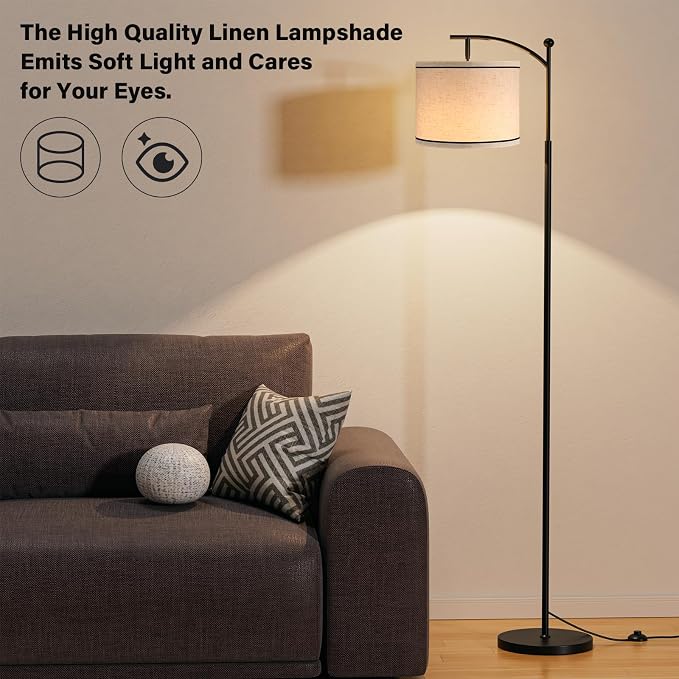 Ambimall 60" Floor Lamp for Living Room with 3 Color Temperatures, Beige Lampshade with Black Stripes, Tall Lamp for Bedroom Office, 9W Bulb Included