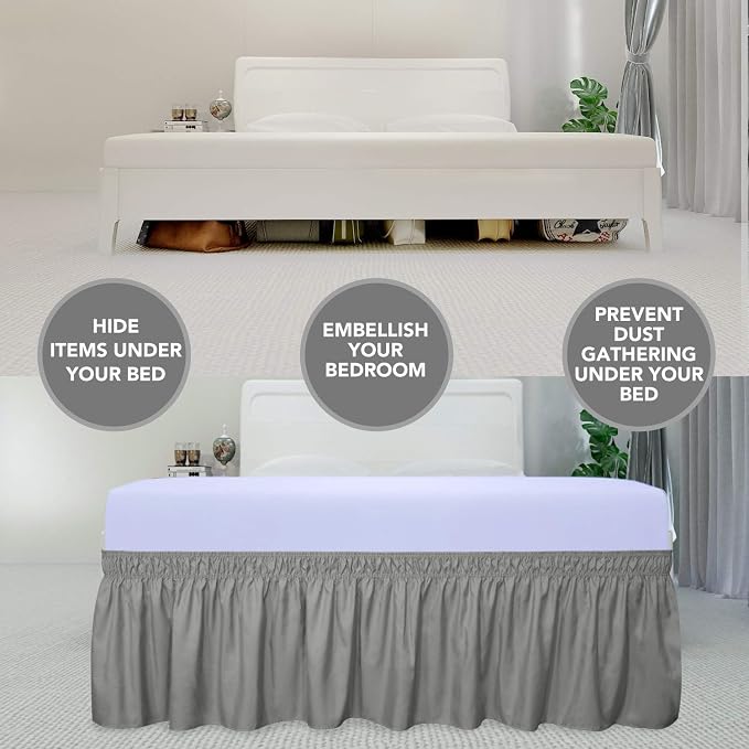 PureFit Wrap Around Ruffled Bed Skirt, Gray, Twin/Full - 14" Drop | Wrinkle Free Bedskirt Dust Ruffles, Easy to Put On Frame Cover with Adjustable Elastic Belt