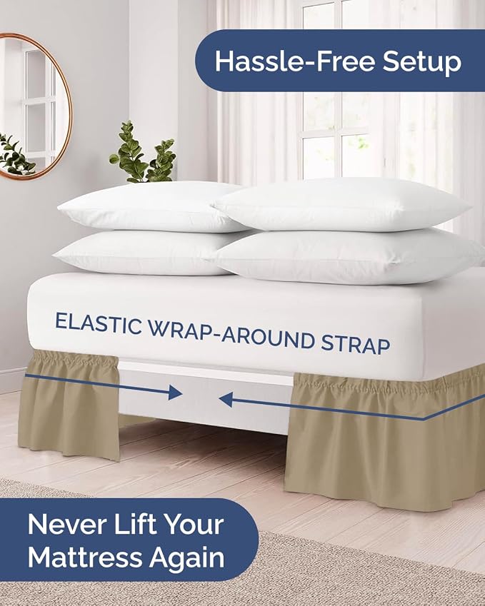 Wrap Around Dust Ruffle Bed Skirt, King Size Beds - 21 Inch Drop, Beige | Easy Fit Elastic Strap, Adjustable Pleated Bedskirt w/Brushed Fabric, Wrinkle & Fade Free, for Women, Men, Kids & Teens