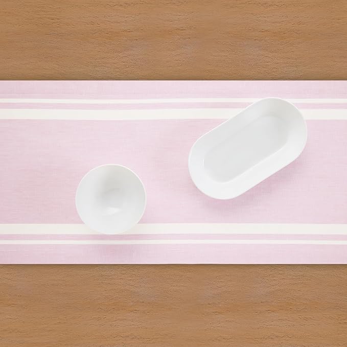 Solino Home 100% Pure Linen Table Runner, 14 x 90 in, White and Pink Stripe | French Stripe, dresses up dining tables for everyday meals, European flax fibres, machine washable, soft, OEKO-TEX Certified
