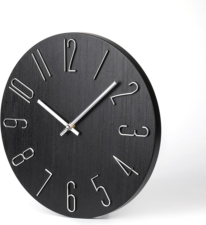 jomparis Black Wall Clock Modern Style Plastic Wooden Wall Clocks Decor 12 Inch Silent Non-Ticking for Office Home Bedroom