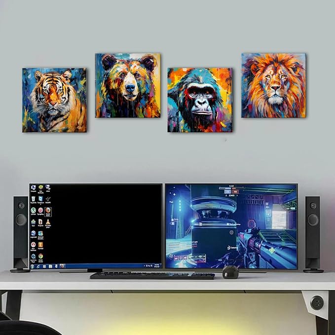 Graffiti Lion Wall Art Colorful Animals Pictures for Living Room Texture Chimpanzees Bear Tiger Wall Decor Kids Bedroom Abstract Forest Wildlife Artwork Living Room Nursery Home Decorations 12x12" 4P
