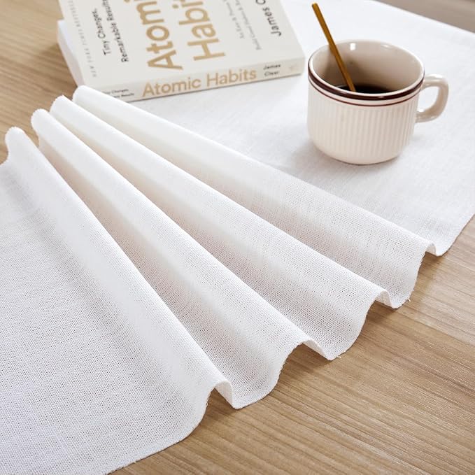 Cotton Linen Table Runner, 13x90 Inch, White with Hand Tassels | Linen Style Rustic Farmhouse Table Runners 90 Inches Long for Home Dresser Kitchen Dining Table Decor, Machine Wash