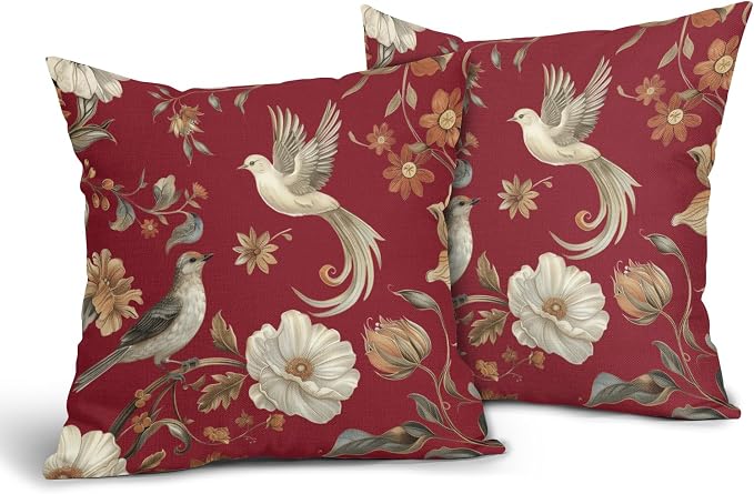 Kawani Vintage Floral Pillow Covers 24x24 Inch Set of 2 Red Chinoiserie Flower and Bird Outdoor Decorative Throw Pillows Retro Rustic Pillowcases Farmhouse Cushion Covers for Couch Home Decor