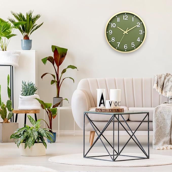 Wall Clocks Battery Operated 12 inch Modern Wall Clock,Silent Non Ticking Wall Clock for Living Room Bedroom Kitchen Office Classroom Decor (Green Gold)