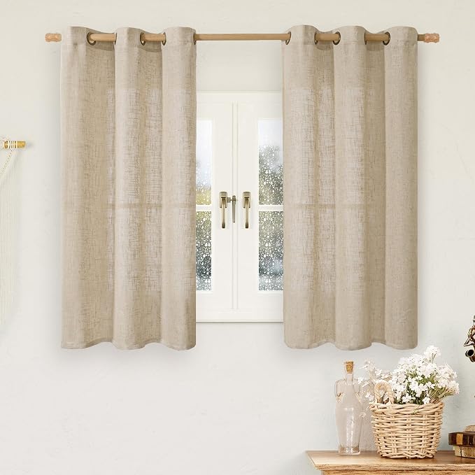 54 Inch Length Brown Linen Curtains for Small Windows 2 Panels | Light Filtering, Semi Sheer, Bedroom Curtains, Short, Window, Drapes for Kitchen, Bathroom, Bronze Grommet, 34 x 54 Inch