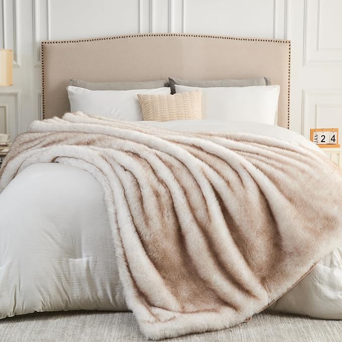 NEWCOSPLAY Faux Fur Thick Twin Blanket for Couch, Beige, 60"x80" | Luxury Fluffy Thick Warm Blanket for Couch Sofa Bed 1000GSM, Soft Plush Cozy Decorative Throw, Gift for Women Men