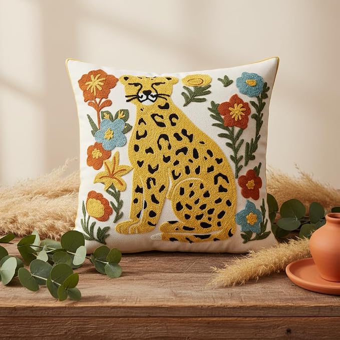 Embroidered Throw Pillow Covers 18x18 Pack of 2 Yellow Leopard Pillow Covers Green Leaves with Floral Pillowcases Boho Pillow Cushion Cases Square Flower Pillowcase Summer Home Decor