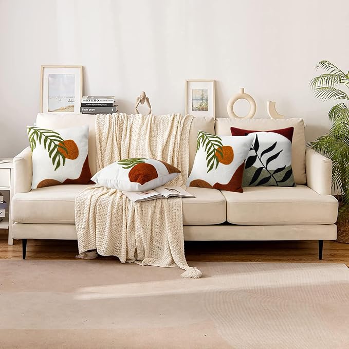 Merrycolor Boho Decorative Throw Pillow Covers 18x18 Tufted Green Decorative Pillows Covers Sun Leaf Mid Century Modern Throw Pillows for Bed Couch Sofa Living Room 1PC