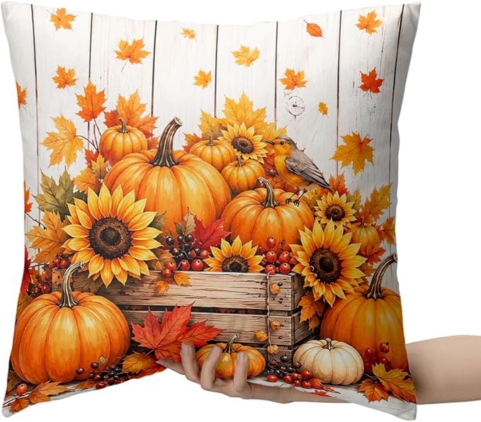 Fall Sunflower Pumpkin Pillow Covers Autumn Maple Leaf Throw Pillow Covers 22x22 Set of 2 Thanksgiving Pillow Cases Harvest Cushion Cases for Home Farmhouse Sofa Couch Garden