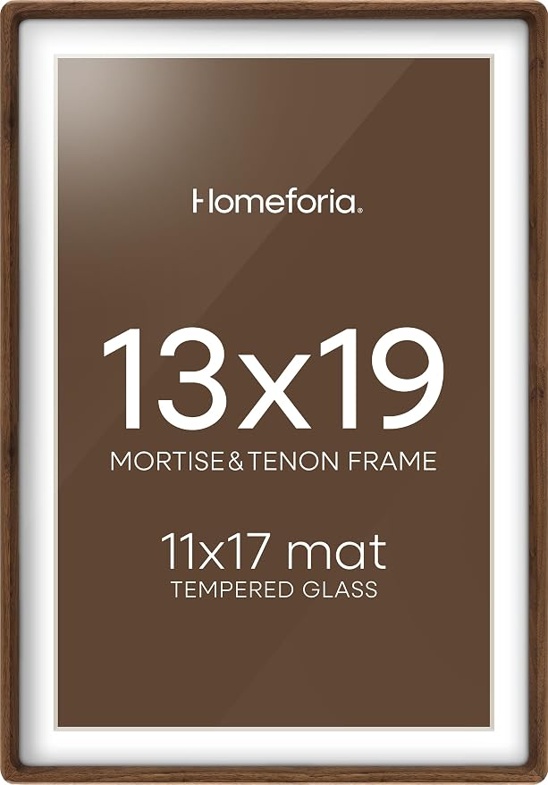 Homeforia 13x19 Mortise&Tenon Walnut Picture Frame, 11x17 Mat, Glass