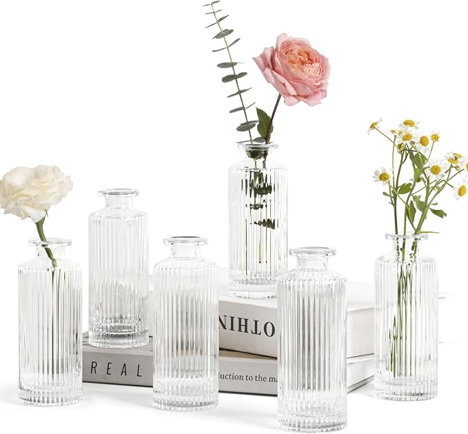 ComSaf Glass Small Bud Vases in Bulk 6 Pcs 5.2 Inch, Clear Flower Vases | Vintage Ribbed Style, Mini Bouquet Display, Wedding Centerpiece, Home Decor, Housewarming Gift, Valentine's Day, Mother's Day