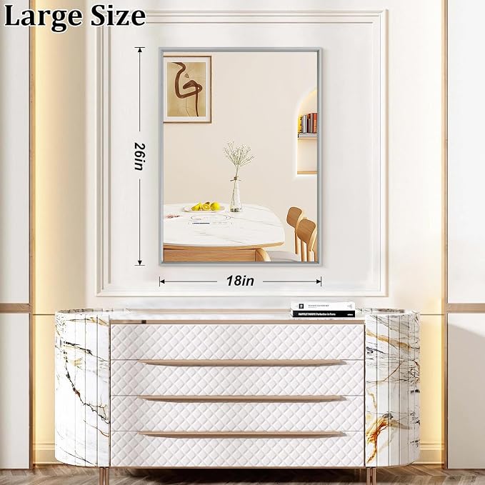 AAZZKANG Grey Wall Mirror Decorative Metal Framed Mirrors 26"x18" Modern for Bedroom Bathroom Dressing Room Home Decor Rectangular Large