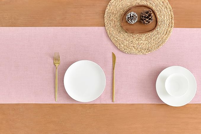 Wracra Linen Table Runner, Burlap Pink Table Runners 108 Inches Long | Rich Woven Linen Blend Fabric, Machine Washable, Rustic Farmhouse Handcrafted Table Runner for Dresser Dining Table Decor