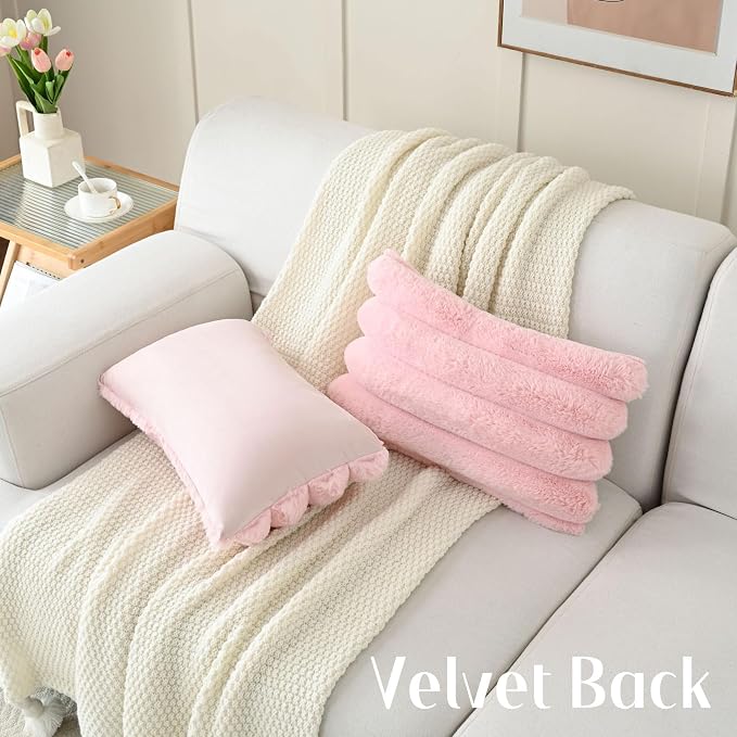 HAUSSY 2 Pack Lumbar Pillow Covers 12x20 Inch, Faux Fur Decorative Couch Throw Pillows Soft Striped Plush Cushion Covers Home Decor Cute Furry Pillowcase for Living Room Sofa Bed, Pink (Covers Only)