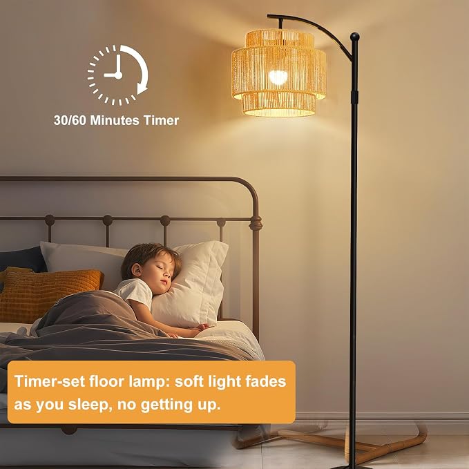 Vinaco Rattan Boho Floor Lamp, 3 Color Temperatures Remote & Foot Switch