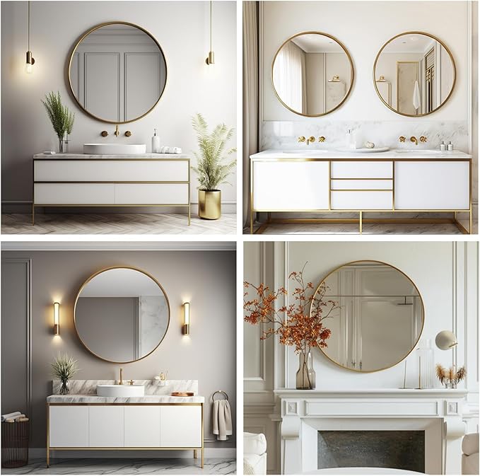 Gold Round Mirror, 24 inch Circle Mirror, Brushed Gold Metal Frame | High Definition, Waterproof, Rust-resistant, Circle Mirror for Bathroom, Bedroom, Entryway, Living Room, Wall Décor