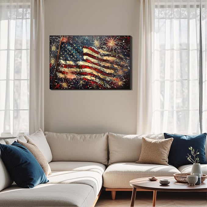 Framed 4th of July Fireworks American Flag Wall Art, Patriotic USA Canvas Art Pictures, Flag Wall Decor for Living Room Man Cave Bar, Ready to Hang Made in USA