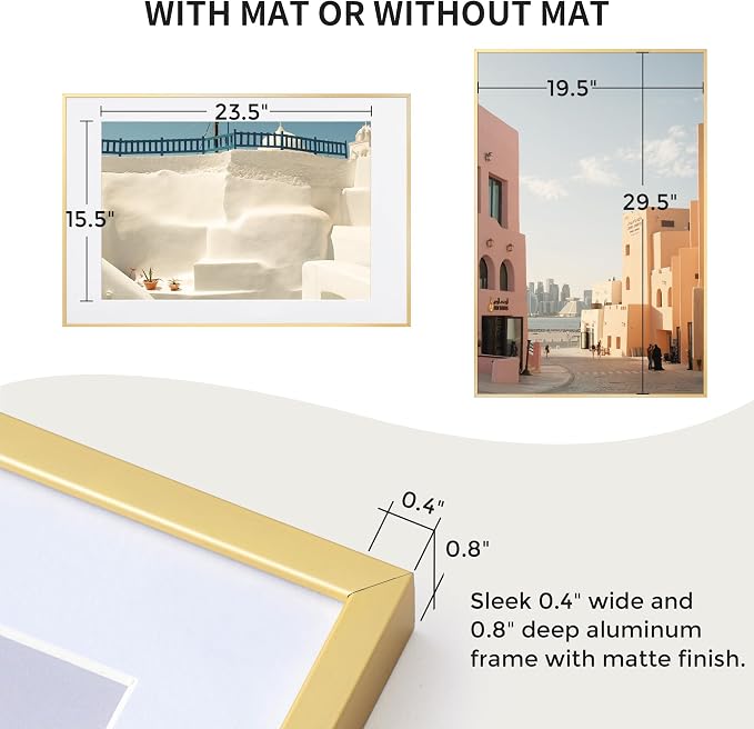 20x30 Metal Picture Frame with 16x24 Mat, Brushed Aluminum Finish, Tempered Glass Front, and Attached Hanging Hardware - Versatile Wall Display Frames for Vertical or Horizontal Orientation(Rose Gold,