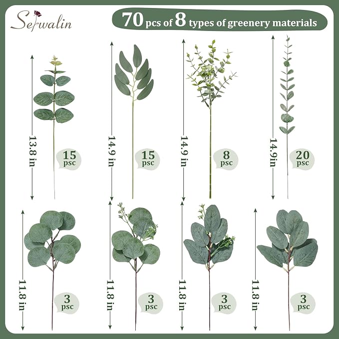 Serwalin 70PCS Mixed Eucalyptus Stems Bulk, Faux Greenery Stems | 8 Kinds Faux Eucalyptus Stems Eucalyptus Leaves & Artificial Greenery for DIY Bouquets, Centerpieces, Vase & Home Decor
