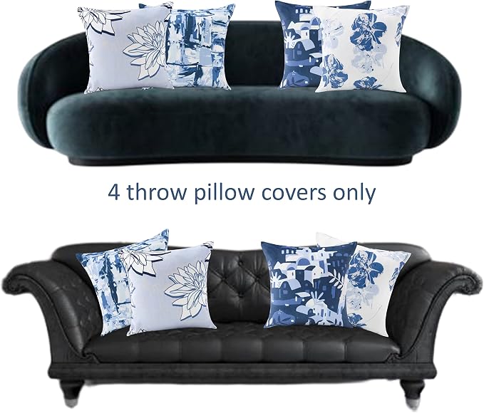 Blue Throw Pillows Cover 18x18 Cushion Cover. Set of 4 Super Soft Velvet New Living Natural Double-Sided Decorative Pillow Covers for Home Decor No Inserts