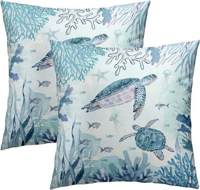 Set of 2 Sea Turtle Throw Pillow Cover 18x18 inch Nautical Coastal Ocean Coral Decorative Pillowcase Underwater Tropical Ocean Teal Blue Summer Cushion Covers for Home Couch Sofa