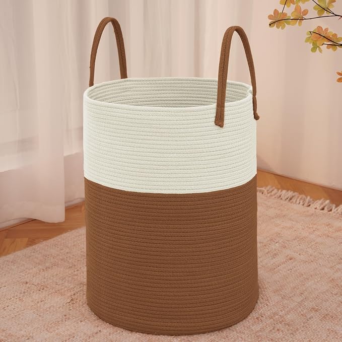 JMvicyroam 100L Cotton Rope Laundry Basket Hamper, White and Brown | Collapsible laundry basket, reinforced handles, freestanding, machine washable, holds 3-5 thick blankets, clothes or toys